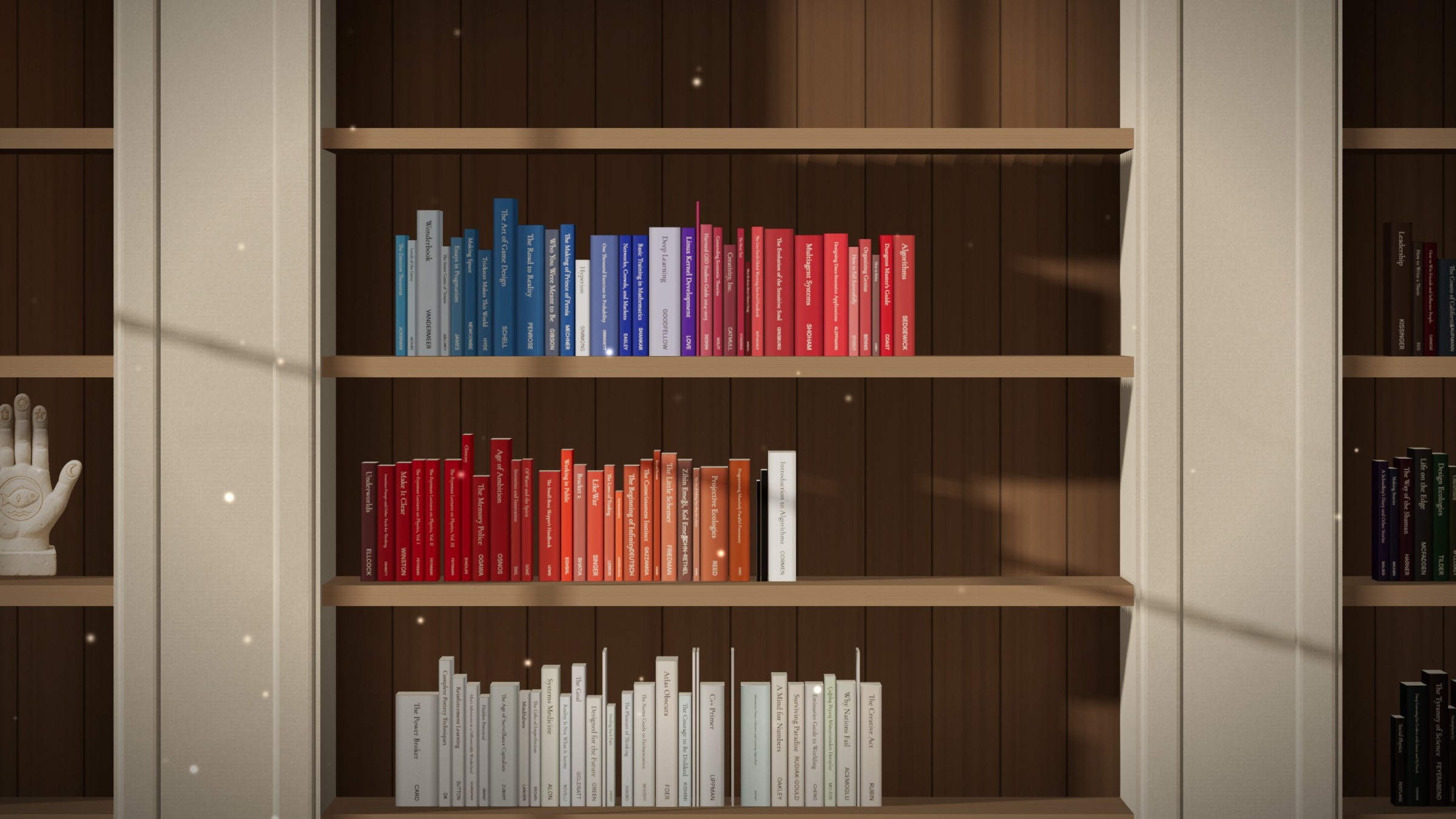 Every book with its real cover, proportions and spine colour